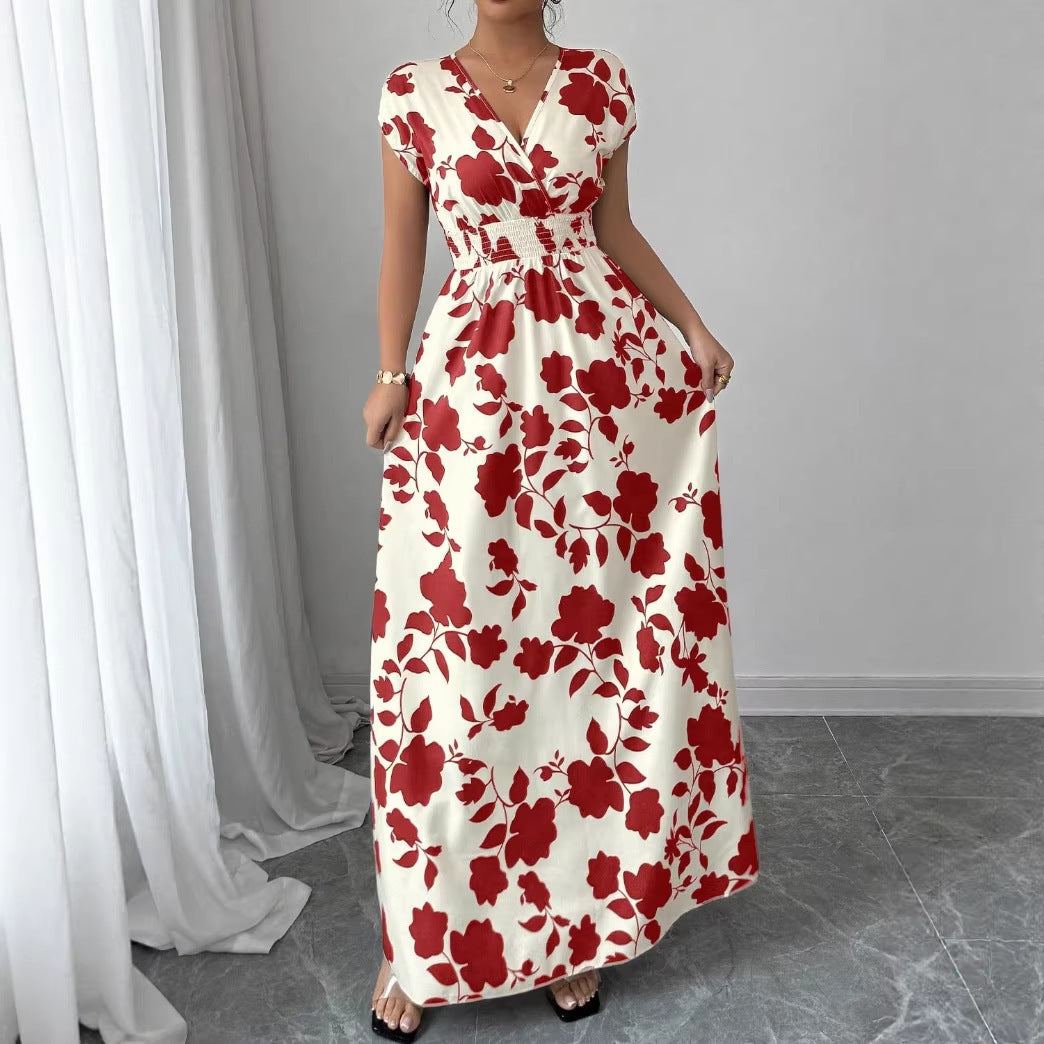 Women's V-neck waist slimming temperament banquet vintage rose print dress V-neck French slimming long skirt