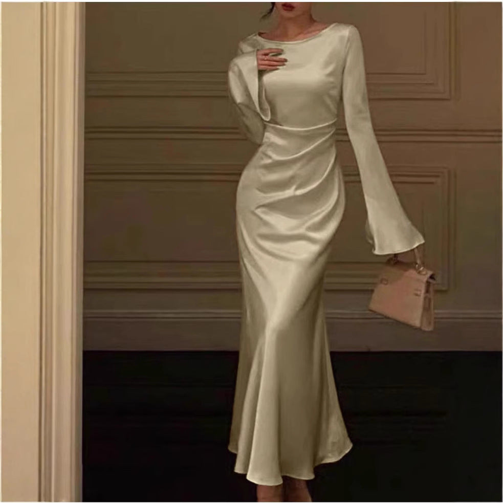 European and American Summer New Cross-border Elegant Flared Sleeve Solid Color Long Sleeve Fashion Dress