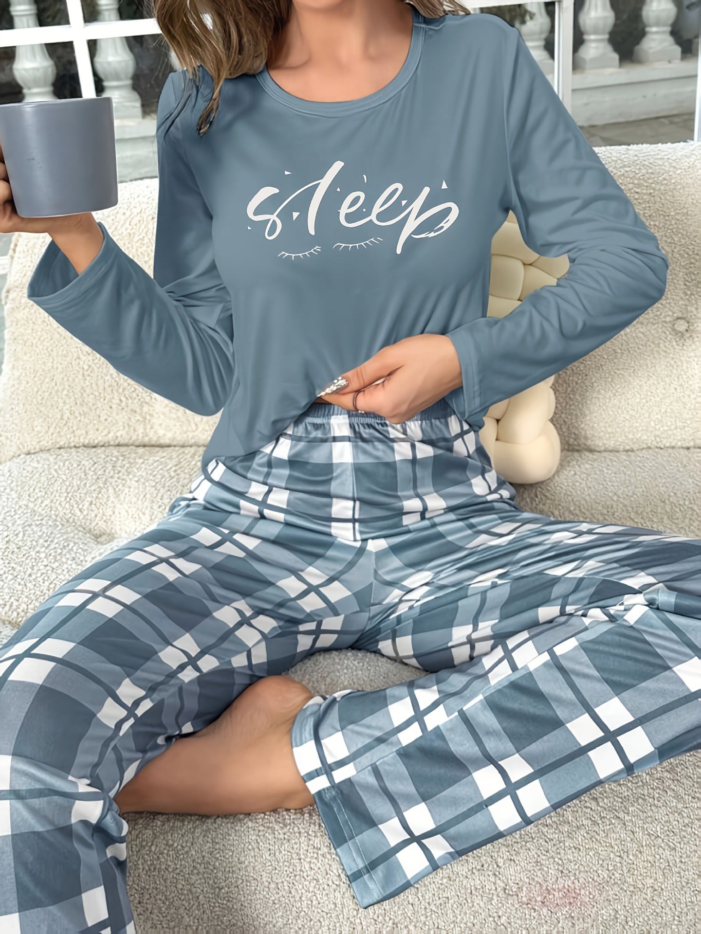 Women's Simple Style Long Sleeve Plaid Print Pattern Comfortable Casual Pajamas Two-Piece Set Cross-border Foreign Trade