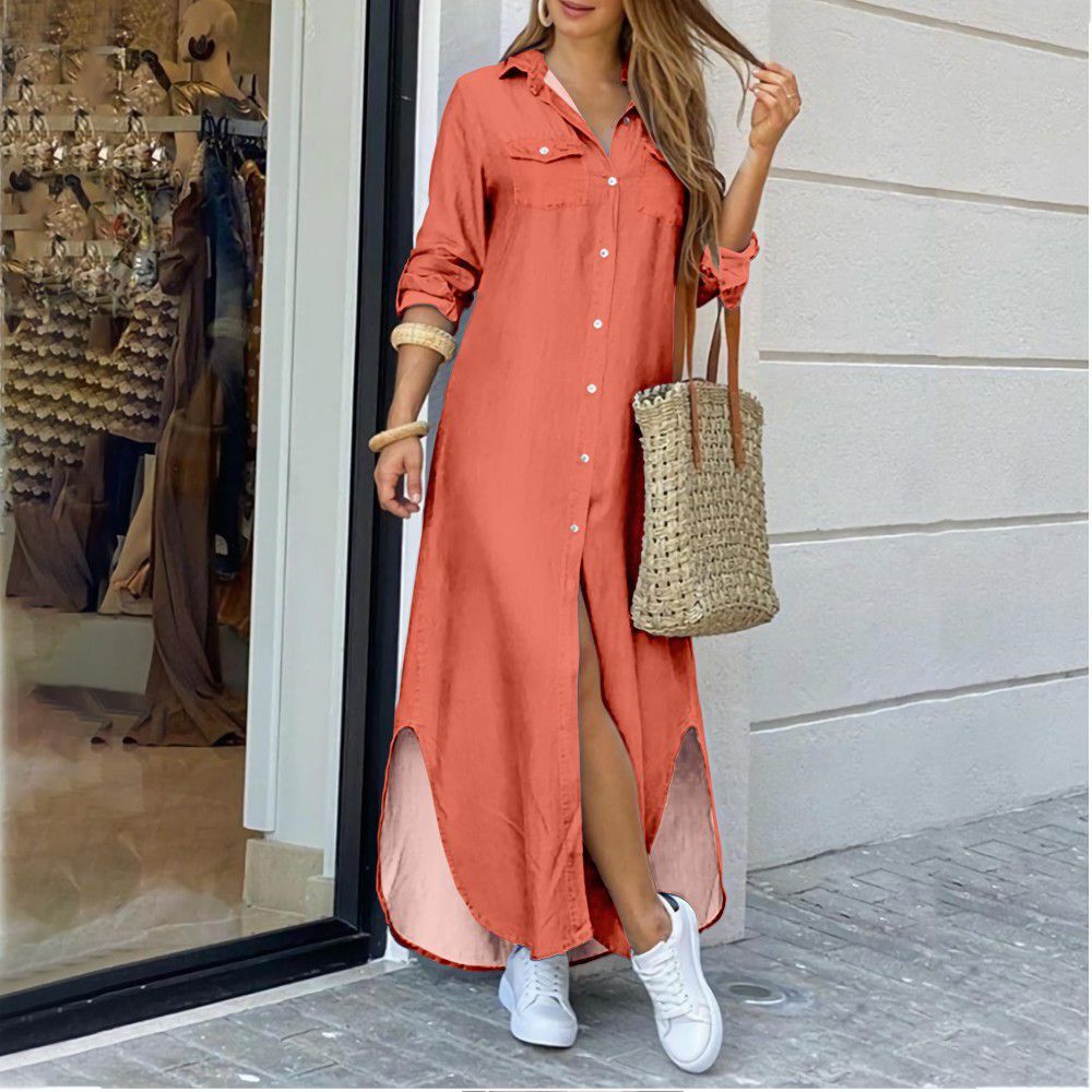 Cross-border women's clothing  European and American spring and summer new printed long-sleeved dresses fashionable sexy shirt long skirts