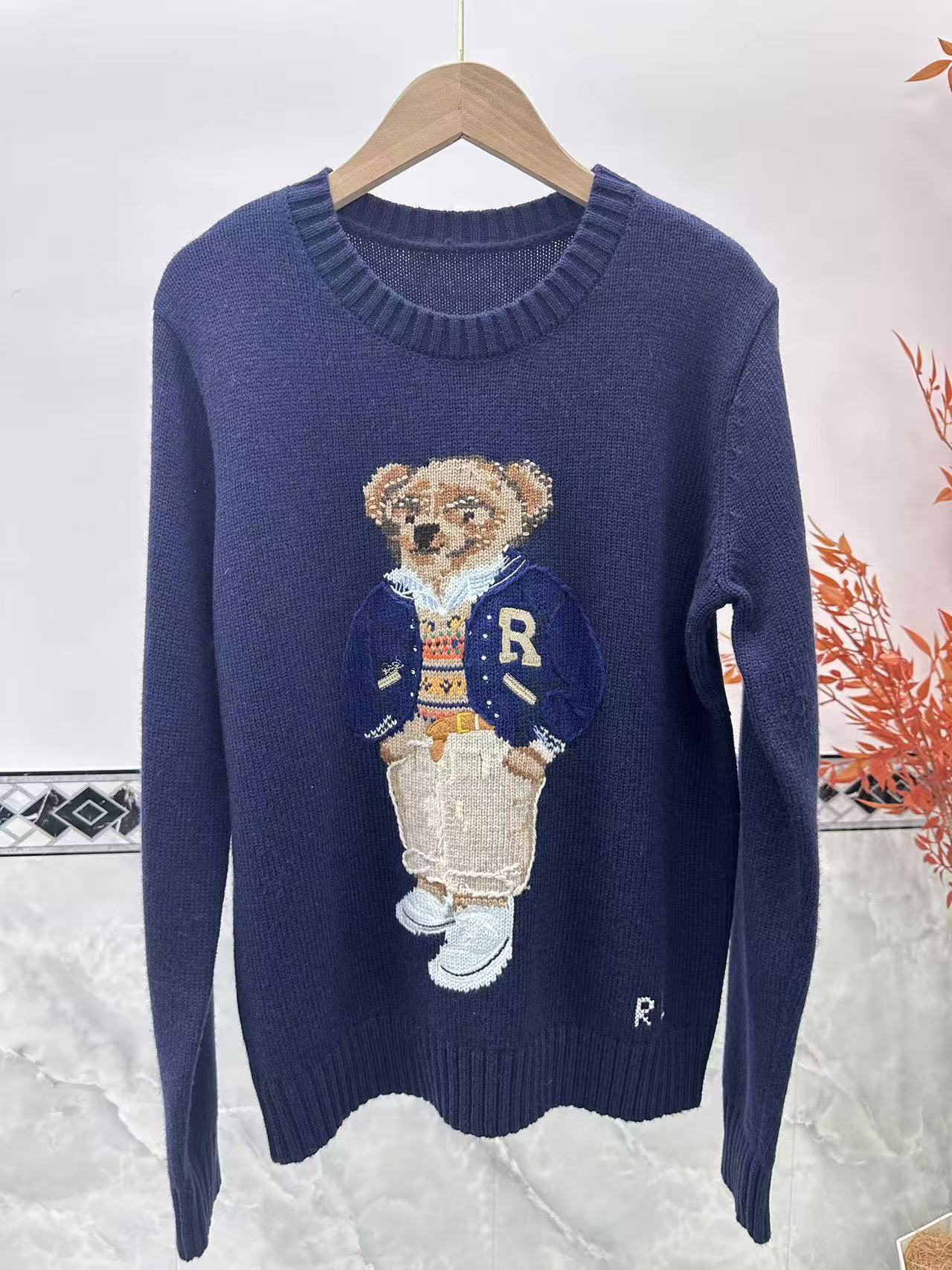 RL autumn/winter new bear embroidery sweater for women, crewneck knit shirt, American vintage cartoon pullover, jacket top