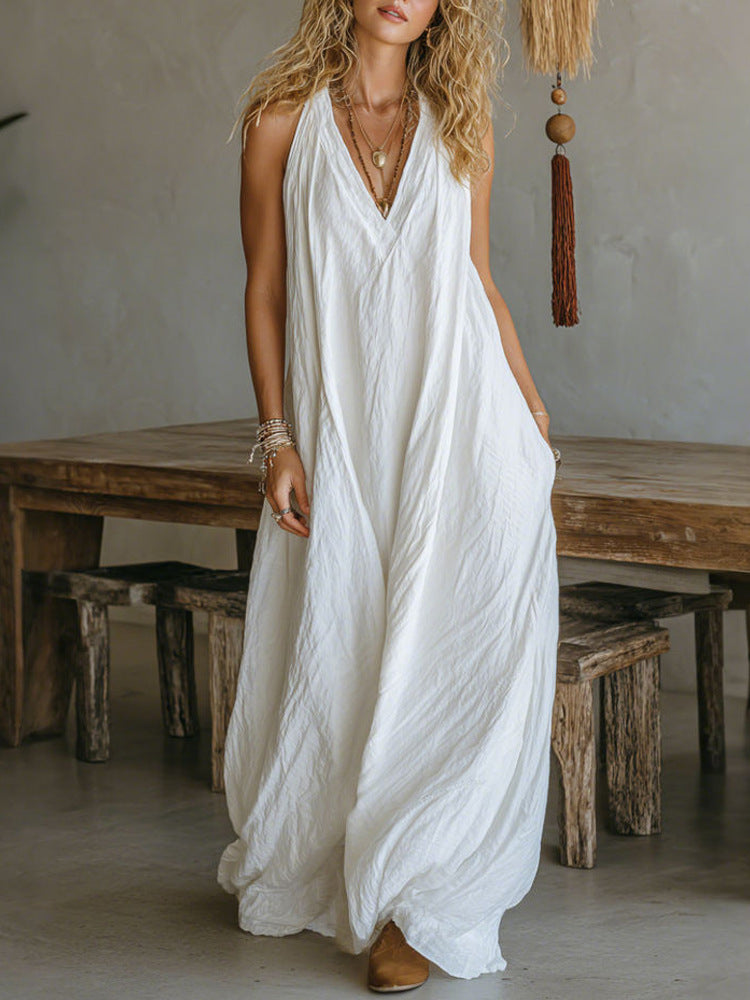 Short Sleeve New Women's Casual Sleeveless Loose Pocket Vest Long Dress
