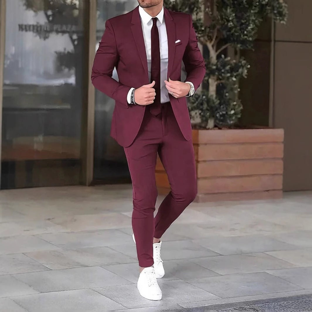Cross-border  new men's solid color slim-fit suit set, youth fashion casual banquet gown two-piece set