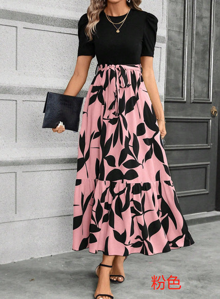 European and American women's floral print high-waisted fashion and elegant temperament dress