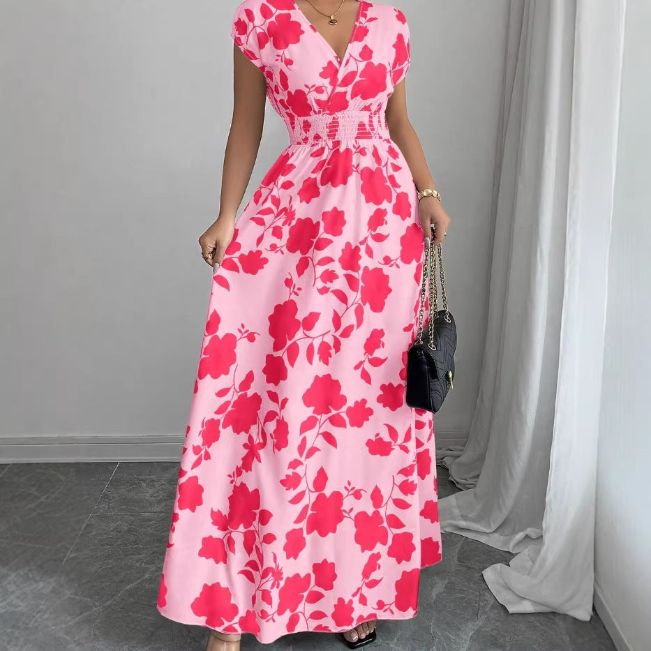 Women's V-neck waist slimming temperament banquet vintage rose print dress V-neck French slimming long skirt