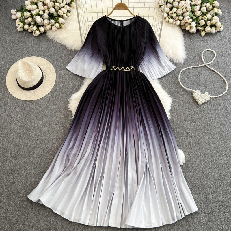 Light mature style celebrity temperament, cropped sleeves, round neck, cinched waist, thin A-line swing, gradient print, pleated dress