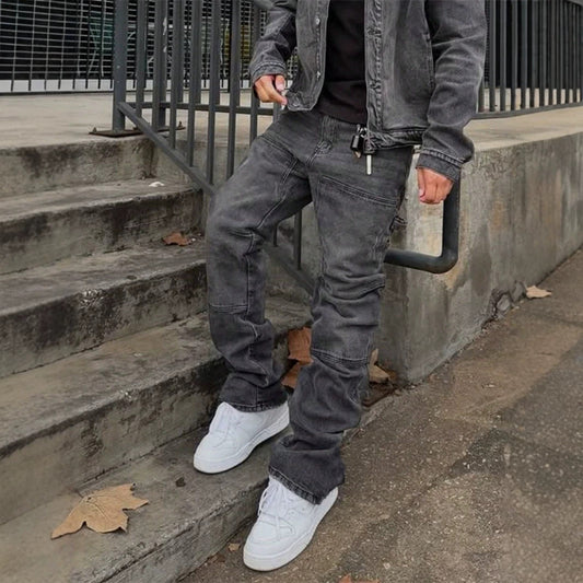 European and American foreign trade men's spliced slim jeans bootcut pants handsome denim trousers