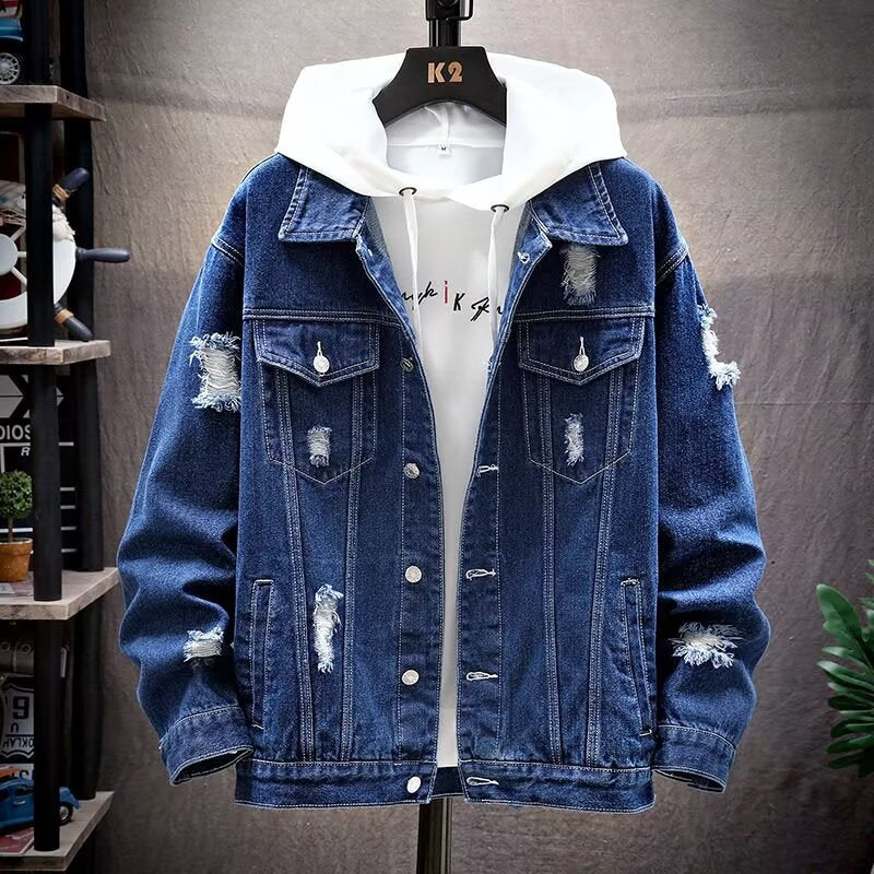 Street ruffian denim jacket male Internet celebrity new Korean version of the trend Spring and Autumn loose fashion brand cargo jacket men's top