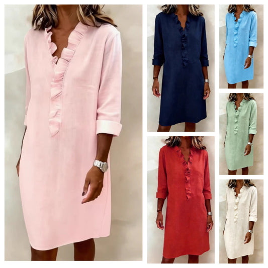 European and American cross-border spring new fashion commuting slimming women's fungus edge long sleeve cotton and linen shirt dress
