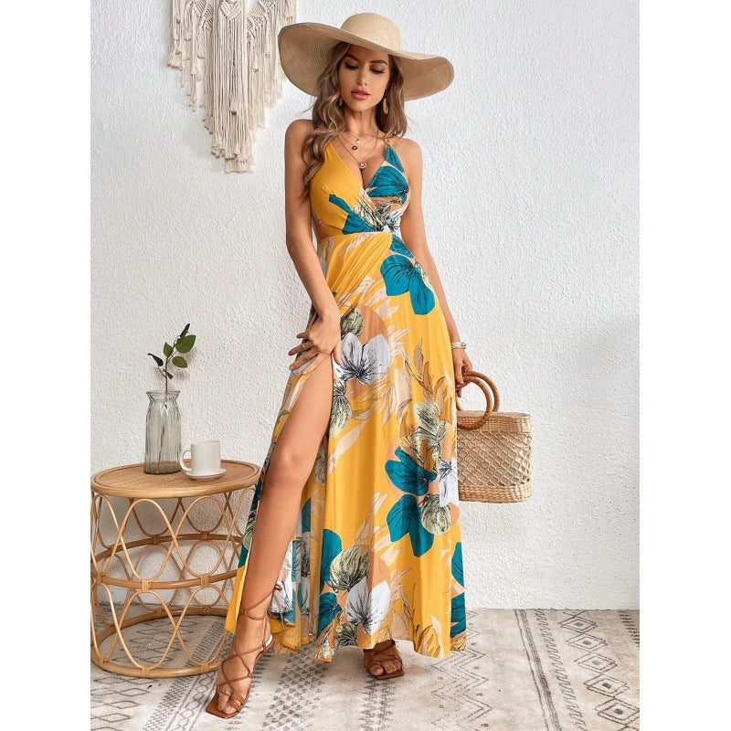 European and American tropical print thigh split slip dress