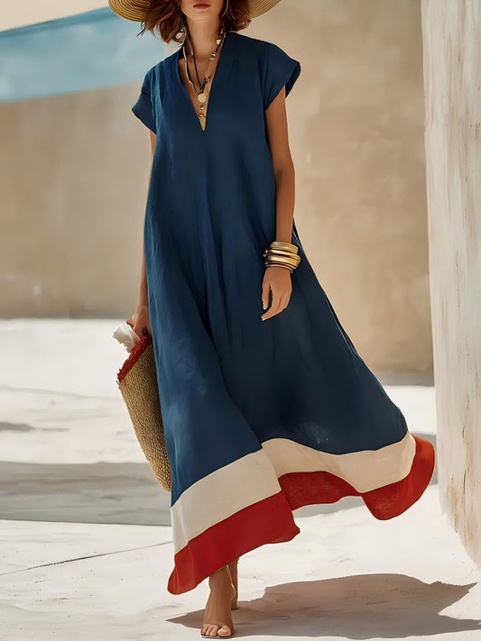 Cross-border 2026 Amazon Summer New European and American Style Large Size Loose V-Neck Dress Contrasting Resort Long Skirt