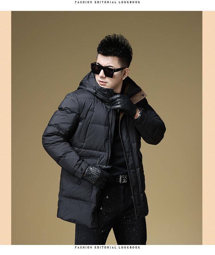2024 Autumn and Winter down Jacket Men's Hooded Mid-Length 90 White Duck down Jacket Casual Warm Men's Windproof Loose Style