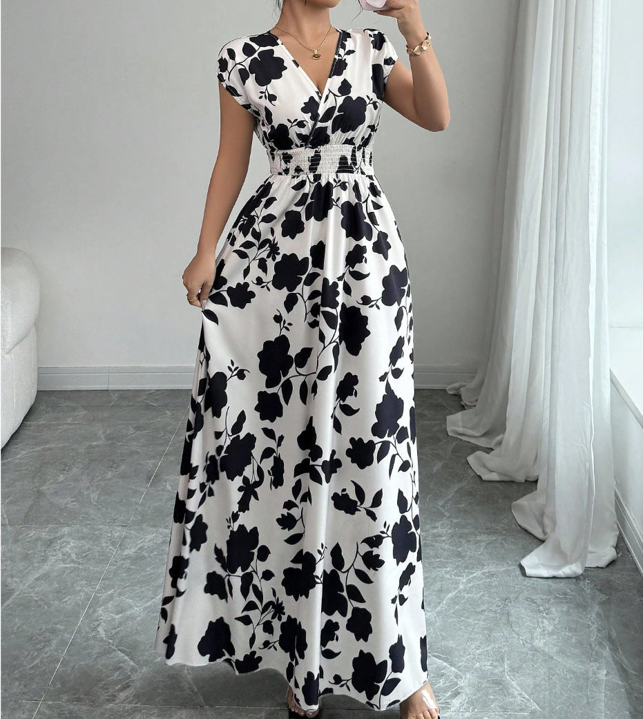 Women's V-neck waist slimming temperament banquet vintage rose print dress V-neck French slimming long skirt