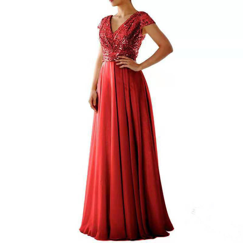 Summer Dress new V-neck sequinned chiffon panel evening dress long skirt