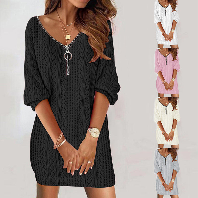 2026 independent station explosive autumn and winter simple solid color V-neck knitted long sleeve dress women's clothing