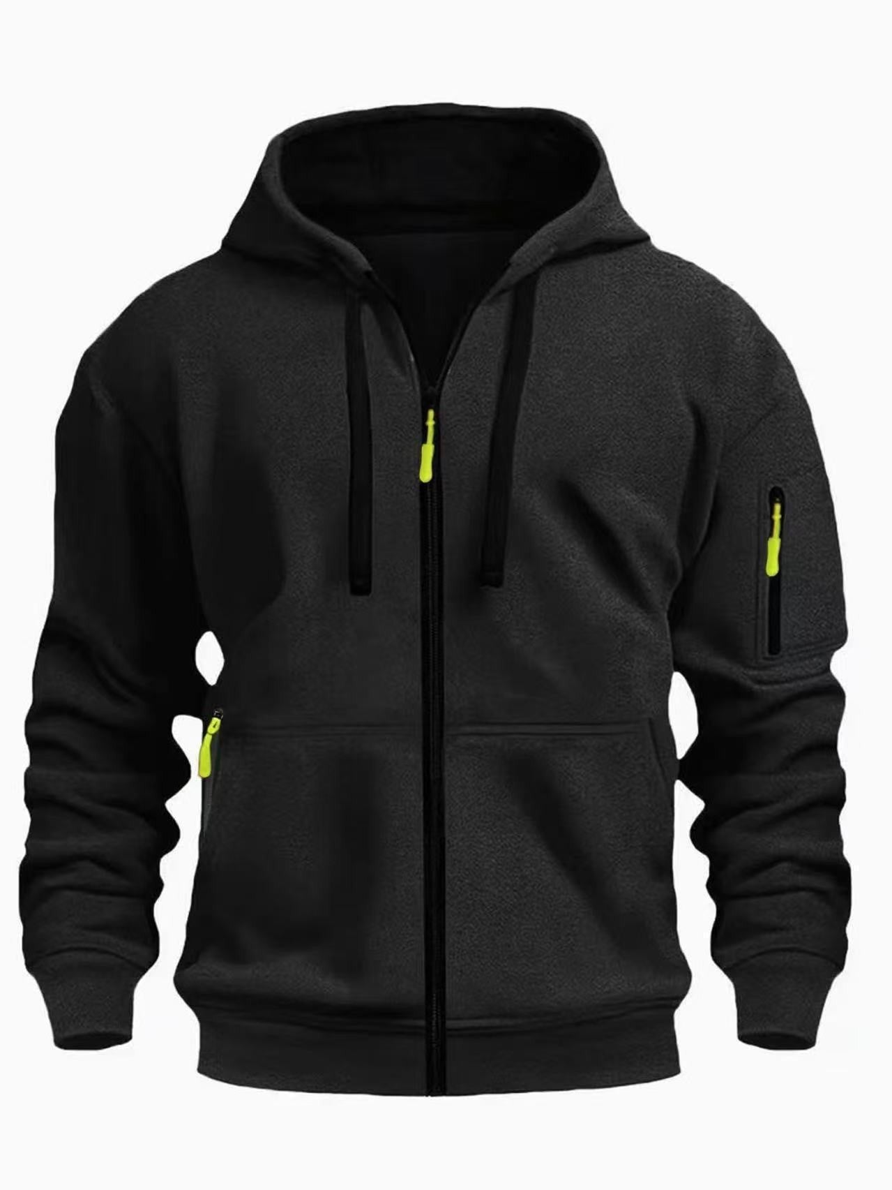 European code hooded men's autumn/winter fleece-lined hooded sweatshirt, long-sleeve zipper style, multi-pocket fashionable versatile jacket for men