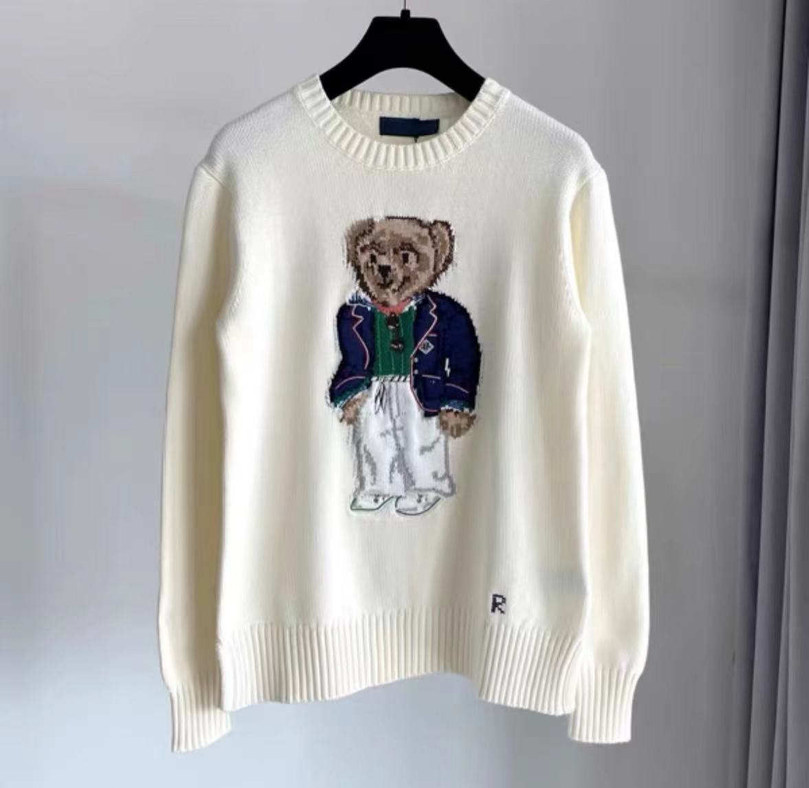 2026 New Pure Cotton Embroidered Bear Crew Neck Knit Sweater for Women, Autumn/Winter, Loose Casual Heavy-Duty Cartoon Sweater