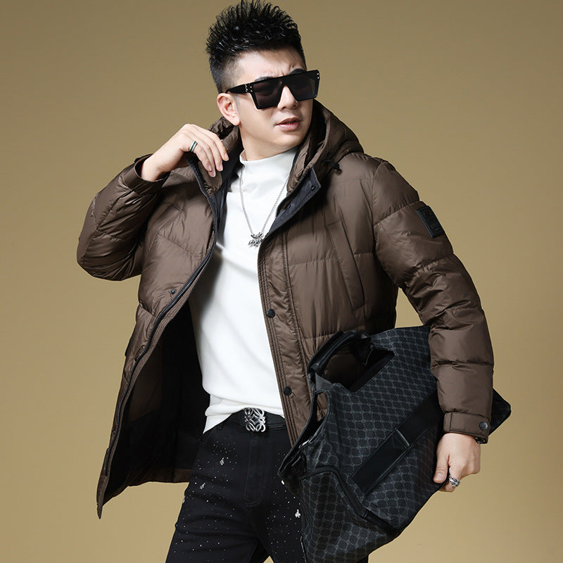 2024 Autumn and Winter down Jacket Men's Hooded Mid-Length 90 White Duck down Jacket Casual Warm Men's Windproof Loose Style