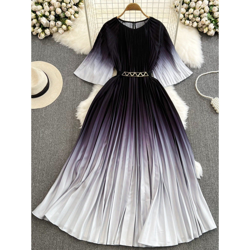 Light mature style celebrity temperament, cropped sleeves, round neck, cinched waist, thin A-line swing, gradient print, pleated dress