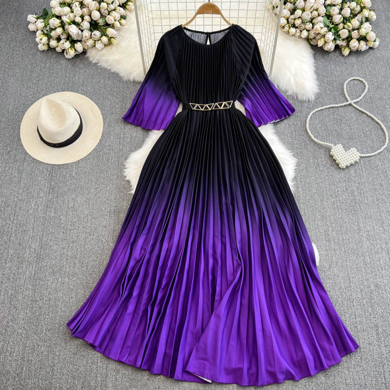 Light mature style celebrity temperament, cropped sleeves, round neck, cinched waist, thin A-line swing, gradient print, pleated dress