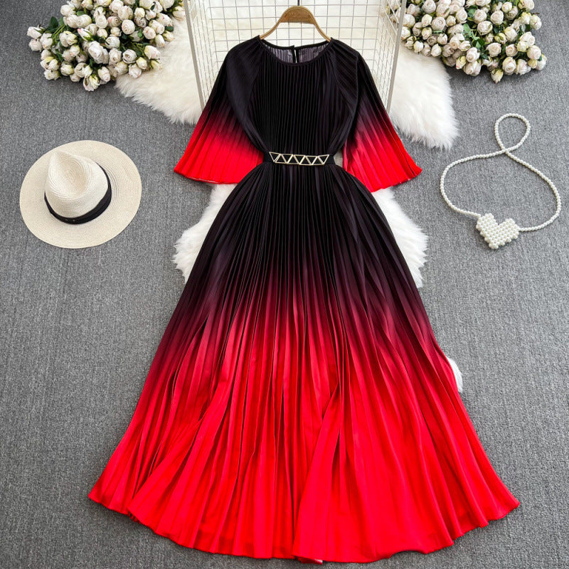 Light mature style celebrity temperament, cropped sleeves, round neck, cinched waist, thin A-line swing, gradient print, pleated dress