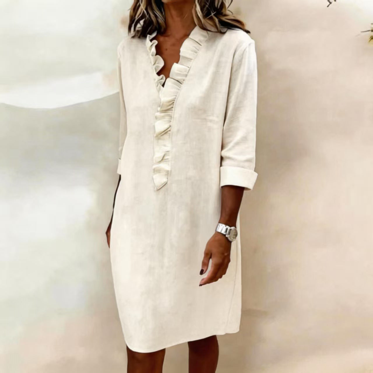 European and American cross-border spring new fashion commuting slimming women's fungus edge long sleeve cotton and linen shirt dress