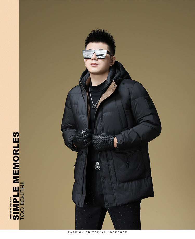 2024 Autumn and Winter down Jacket Men's Hooded Mid-Length 90 White Duck down Jacket Casual Warm Men's Windproof Loose Style