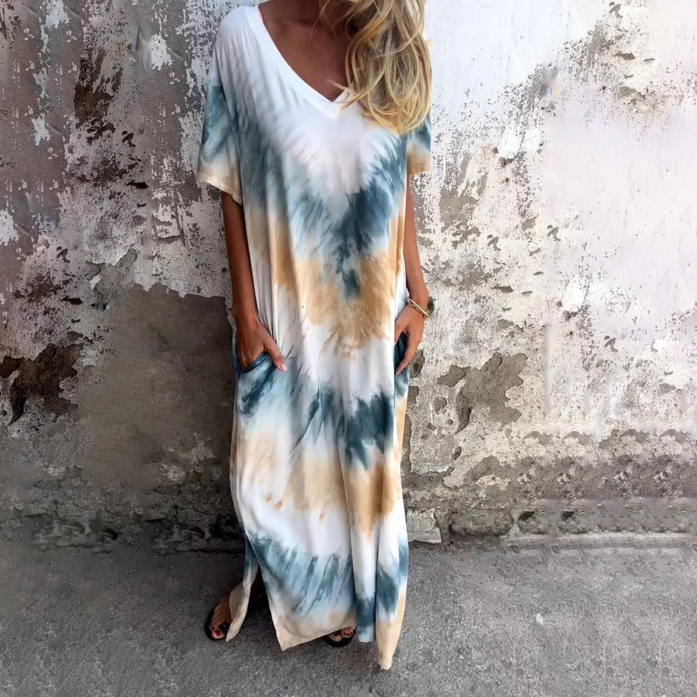 European and American summer 2026 casual loose short sleeve V-neck slit tie-dye long dress