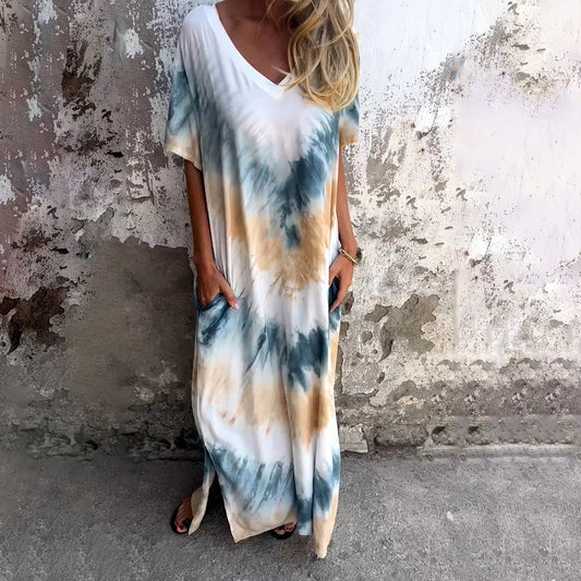 European and American summer 2026 casual loose short sleeve V-neck slit tie-dye long dress