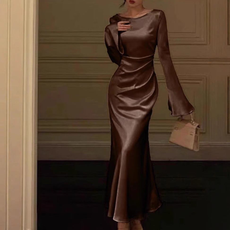 European and American Summer New Cross-border Elegant Flared Sleeve Solid Color Long Sleeve Fashion Dress