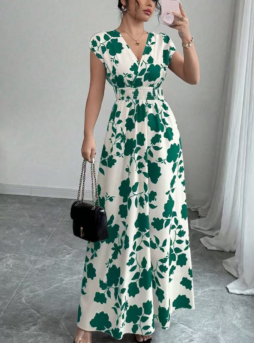 Women's V-neck waist slimming temperament banquet vintage rose print dress V-neck French slimming long skirt