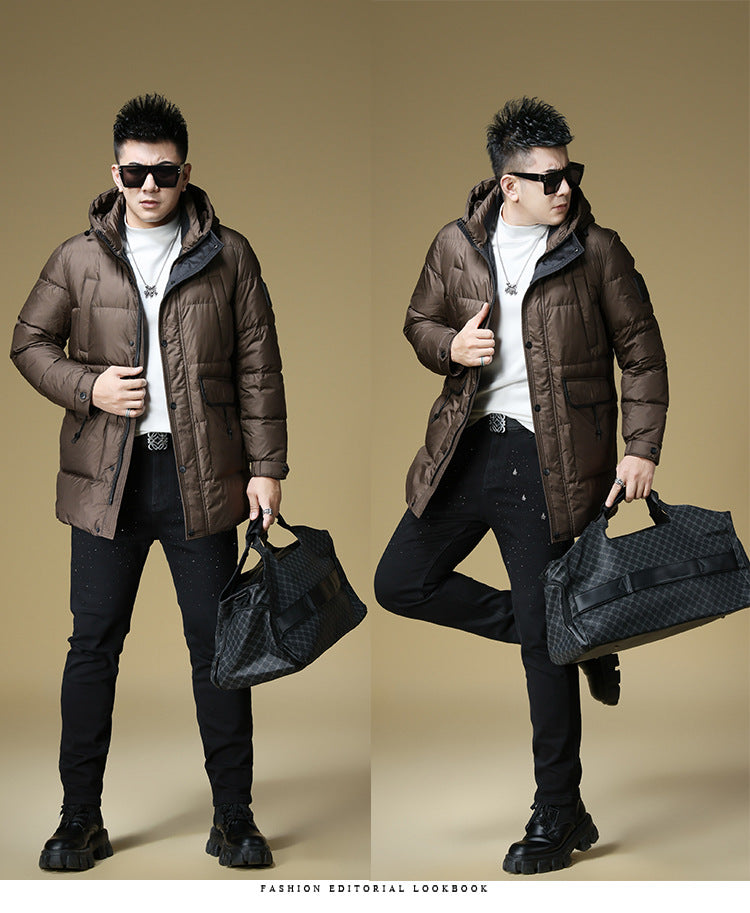 2024 Autumn and Winter down Jacket Men's Hooded Mid-Length 90 White Duck down Jacket Casual Warm Men's Windproof Loose Style