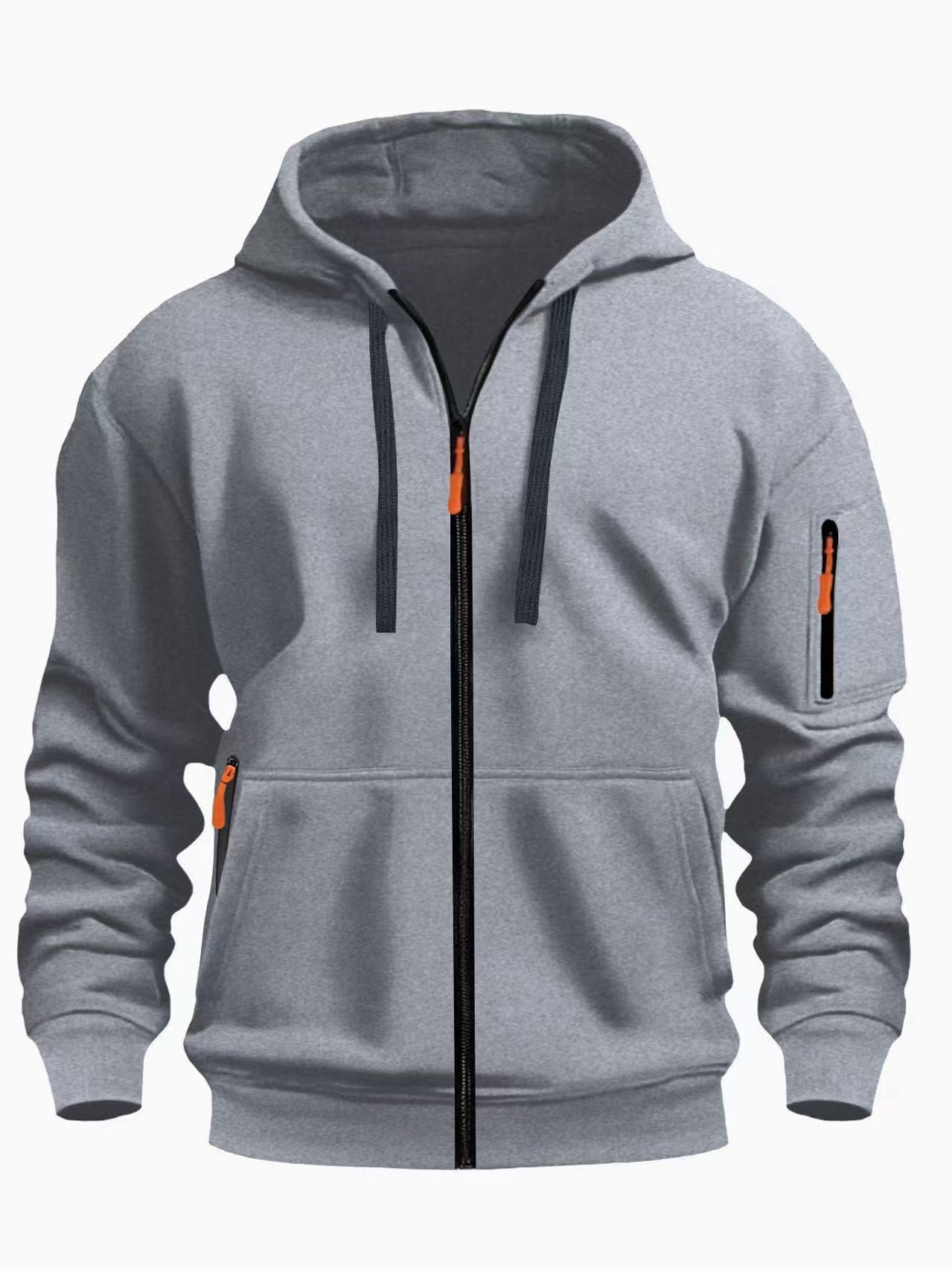 European code hooded men's autumn/winter fleece-lined hooded sweatshirt, long-sleeve zipper style, multi-pocket fashionable versatile jacket for men