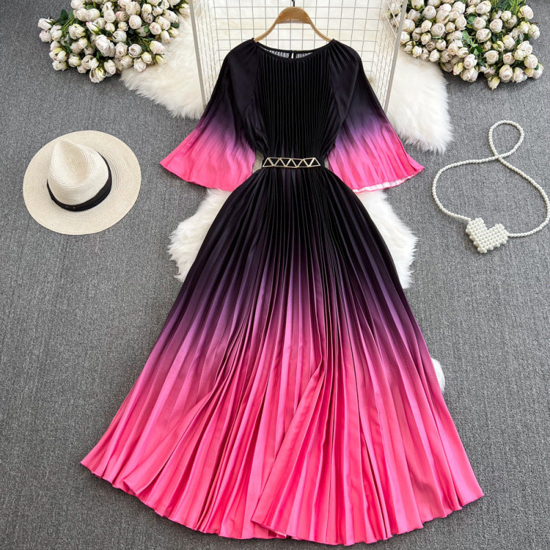 Light mature style celebrity temperament, cropped sleeves, round neck, cinched waist, thin A-line swing, gradient print, pleated dress