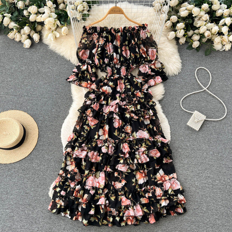 One-shoulder floral French vintage slimming cake skirt large swing dress short sleeve temperament commuter slim fit