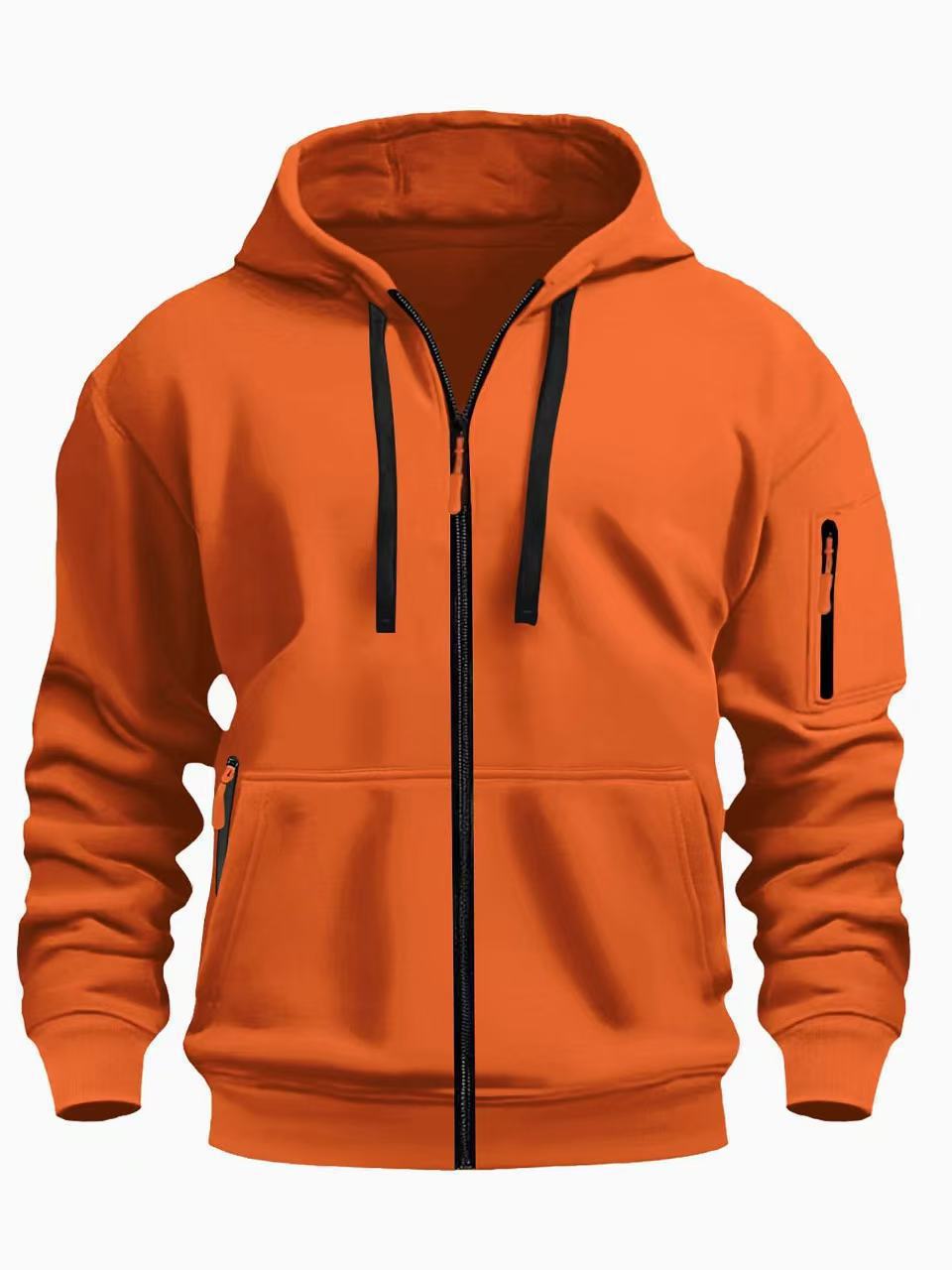 European code hooded men's autumn/winter fleece-lined hooded sweatshirt, long-sleeve zipper style, multi-pocket fashionable versatile jacket for men