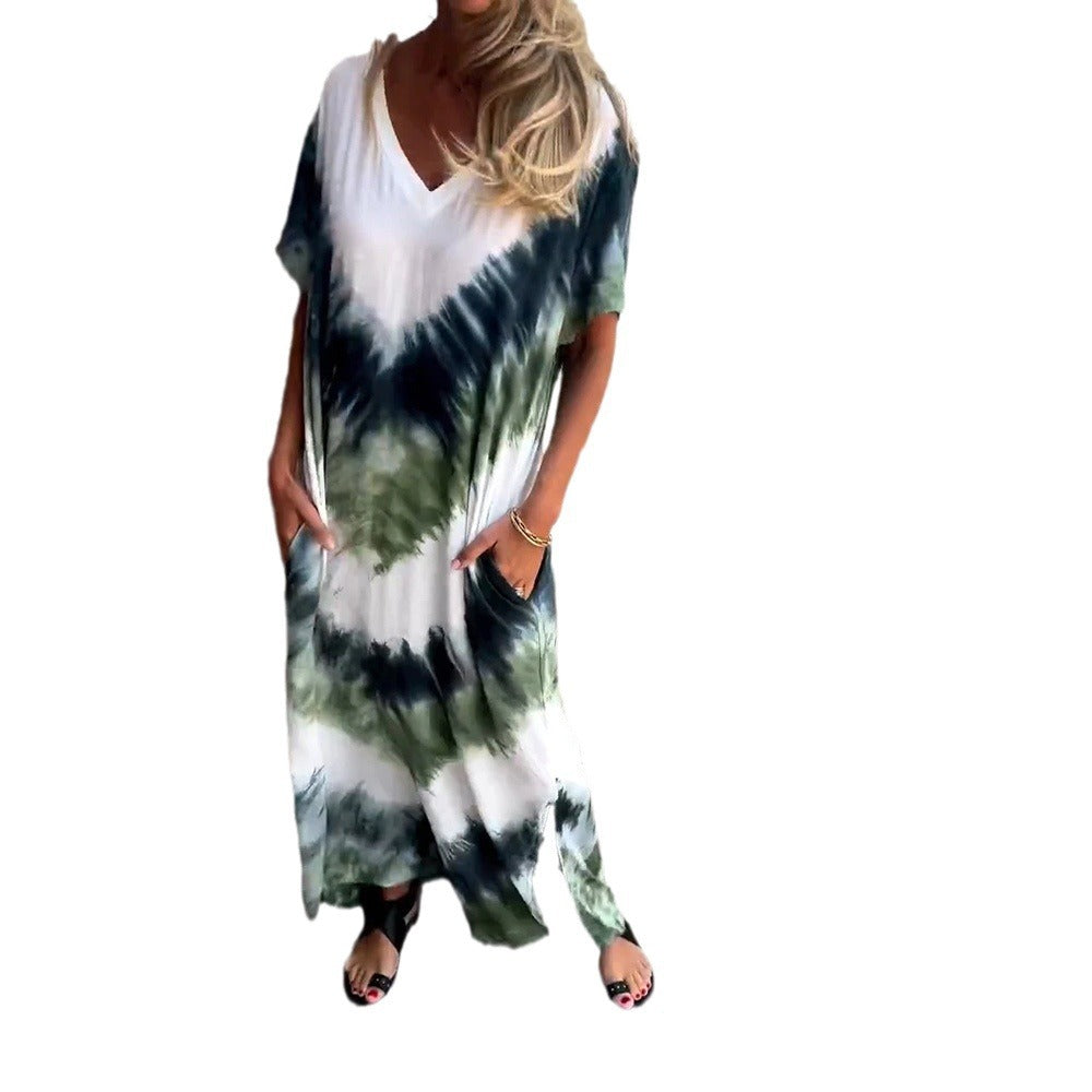 European and American summer 2026 casual loose short sleeve V-neck slit tie-dye long dress