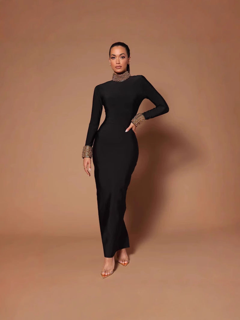 Bandage dresses, cross-border hits, spring and autumn long-sleeved long styles, light luxury, bronzing pearl evening dresses, backless slim and sexy