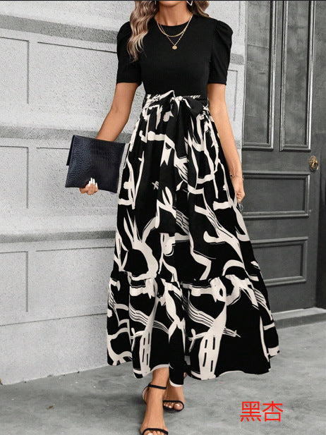 European and American women's floral print high-waisted fashion and elegant temperament dress