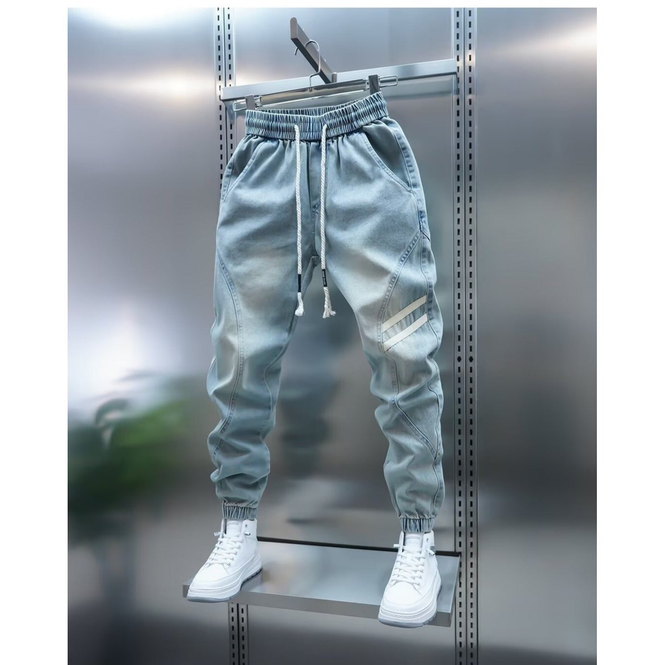 Cross-border men's spring new light blue jeans simple and versatile elastic waist leggings washed trendy brand slacks