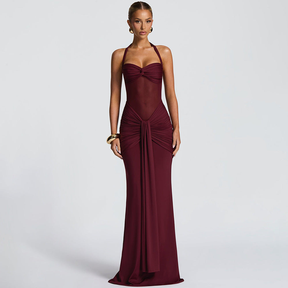 European and American 2026 new women's temperament pleated streamer evening dress foreign trade fashion halterneck sexy hip wrap dress
