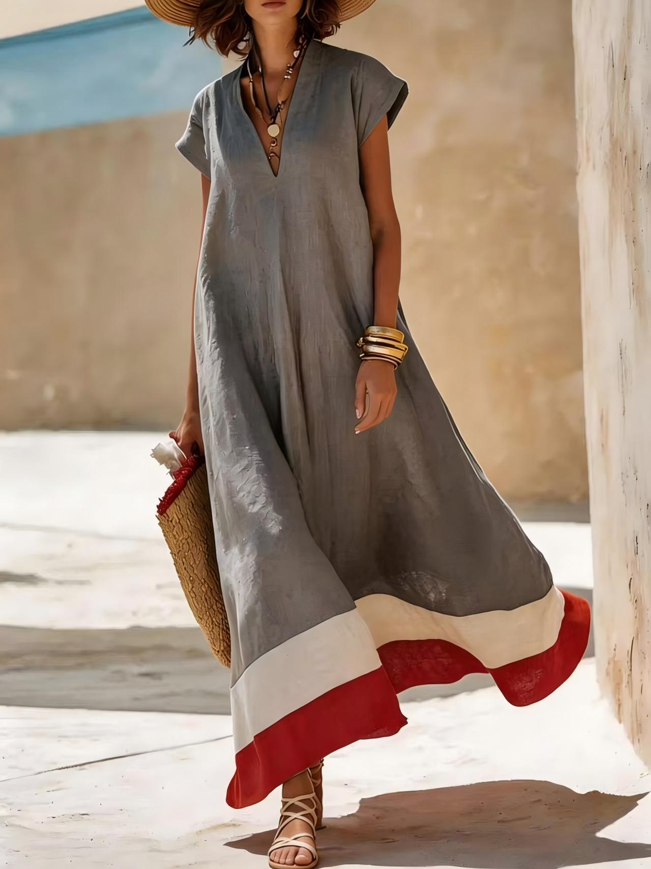 Cross-border 2026 Amazon Summer New European and American Style Large Size Loose V-Neck Dress Contrasting Resort Long Skirt
