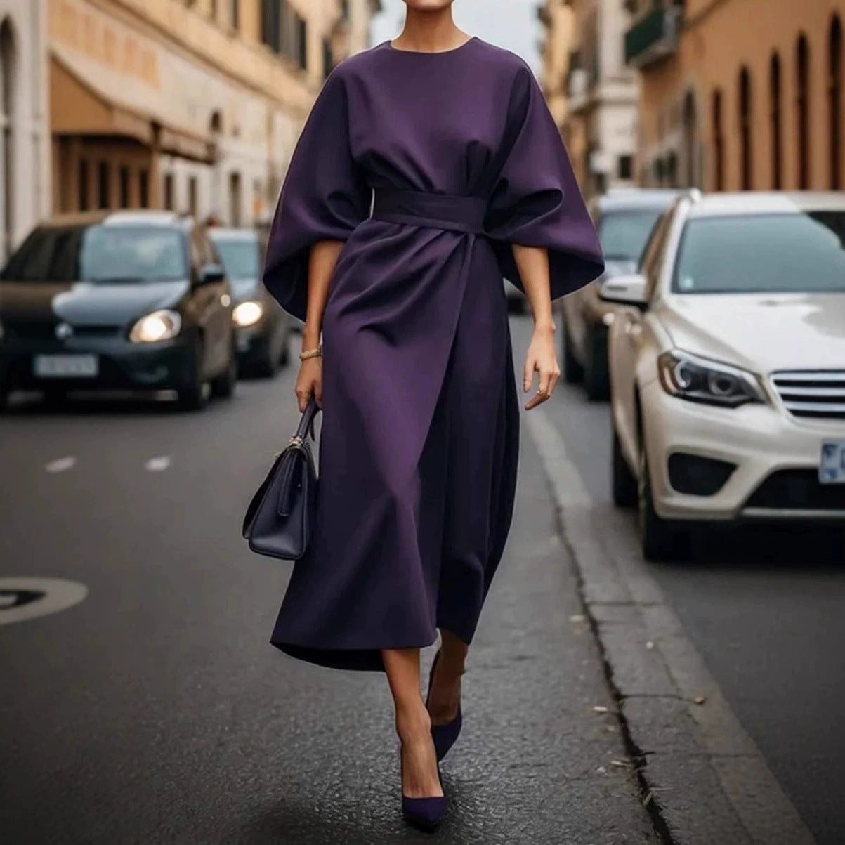 European and American cross-border fashion temperament elegant solid color waist dress casual bat sleeve long skirt