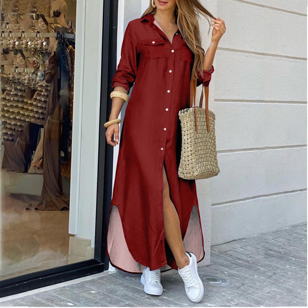 Cross-border women's clothing  European and American spring and summer new printed long-sleeved dresses fashionable sexy shirt long skirts