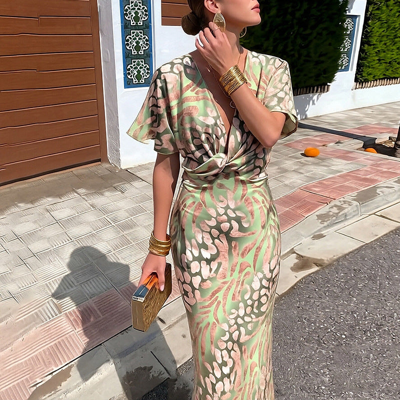 2026 Spring New Women's Clothing Cross-border Foreign Trade Europe and the United States Fashion Knot Print Sexy V-Neck High-Waisted Dress