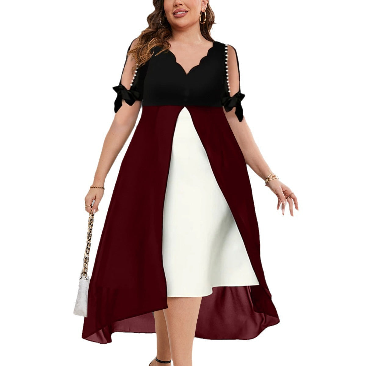 Spring/summer cross-border new plus-size short-sleeved women's V splicing two irregular dresses