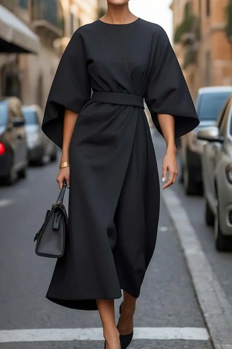 European and American cross-border fashion temperament elegant solid color waist dress casual bat sleeve long skirt