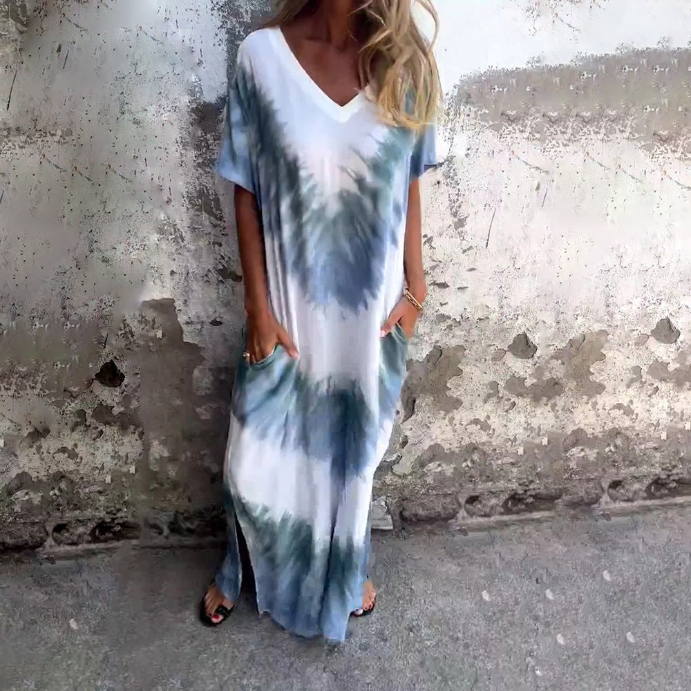 European and American summer 2026 casual loose short sleeve V-neck slit tie-dye long dress