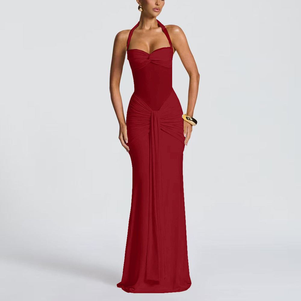 European and American 2026 new women's temperament pleated streamer evening dress foreign trade fashion halterneck sexy hip wrap dress