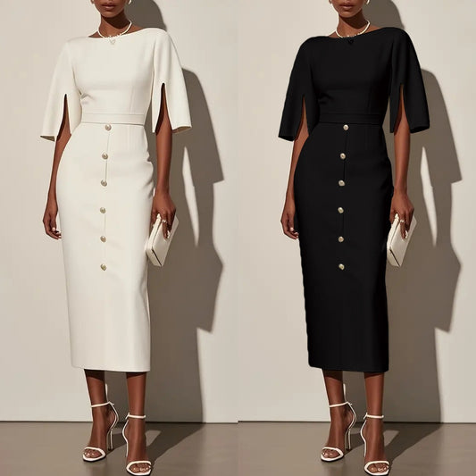 Cross-border Europe and the United States Amazon new summer solid color crew neck waist slit button decoration dress for women